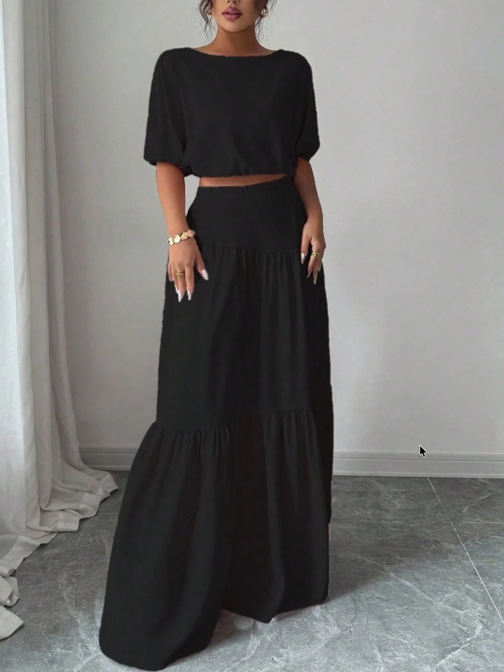 Solid Black Puff Sleeve Cropped top Maxi skirt Set - Picture 2 of 4